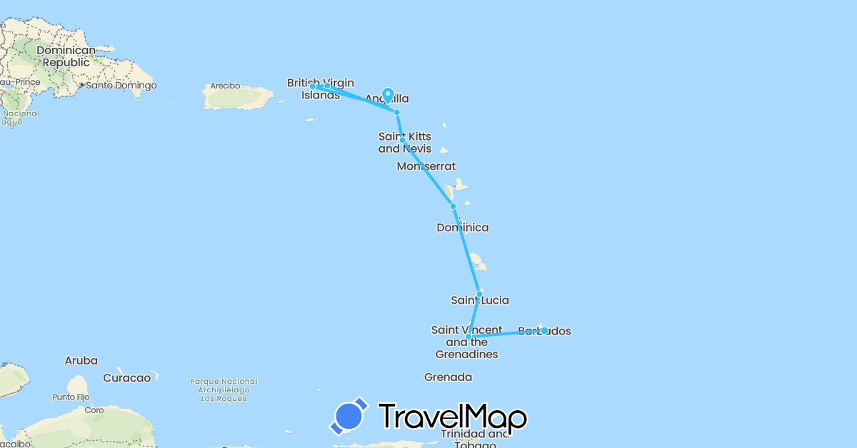 TravelMap itinerary: driving, boat in Barbados, France, Saint Kitts and Nevis, Saint Lucia, Netherlands, Saint Vincent and the Grenadines, British Virgin Islands (Europe, North America)